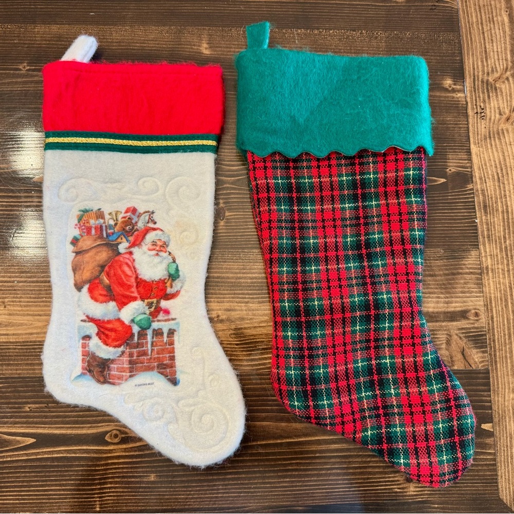 Vintage Felt Santa & Plaid Christmas Stockings Set